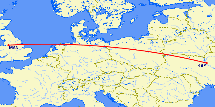 перелет Манчестер — Киев на карте