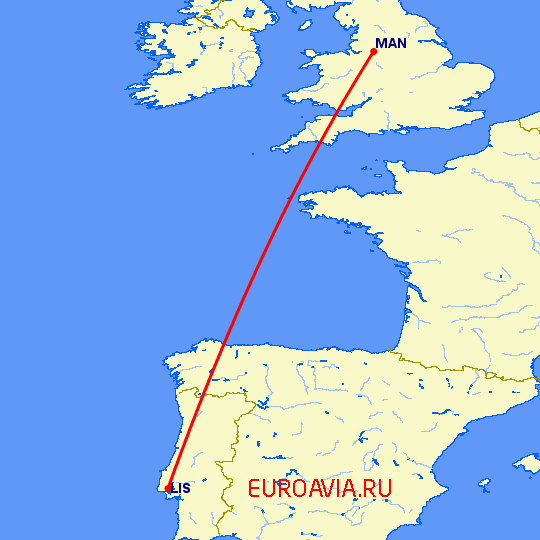перелет Манчестер — Лиссабон на карте