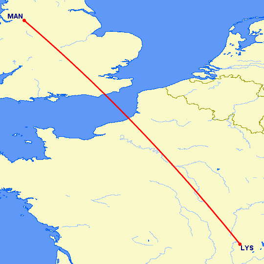 перелет Манчестер — Лион на карте