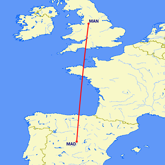 перелет Манчестер — Мадрид на карте