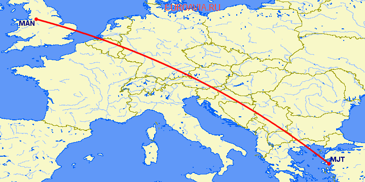 перелет Манчестер — Mytilene на карте