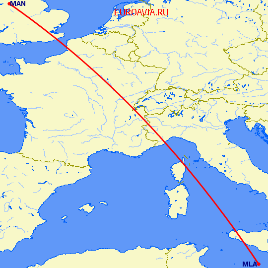 перелет Манчестер — Мальта на карте