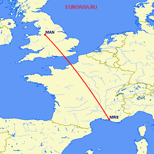 перелет Манчестер — Марсель на карте