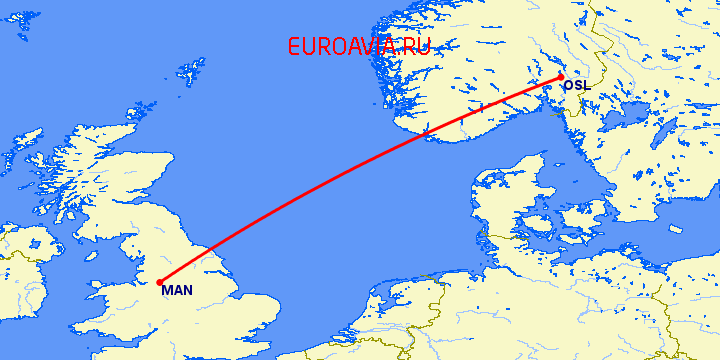 перелет Манчестер — Осло на карте