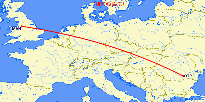 перелет Манчестер — Бухарест на карте