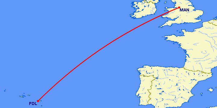 перелет Манчестер — Ponta Delgada на карте