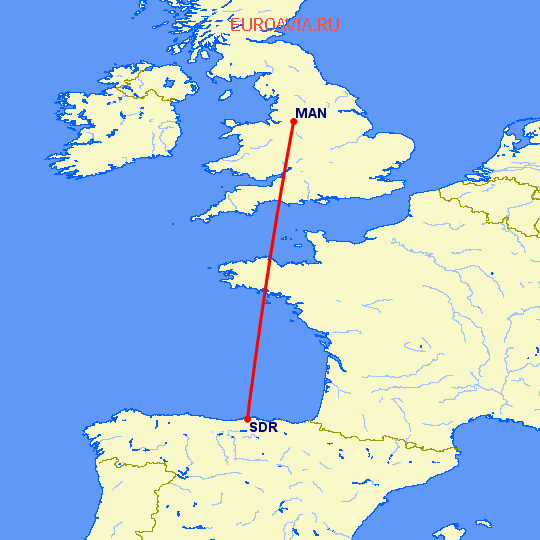 перелет Манчестер — Сантандер на карте