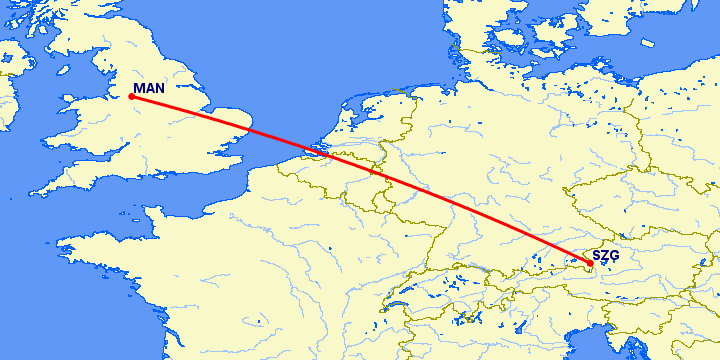 перелет Манчестер — Зальцбург на карте