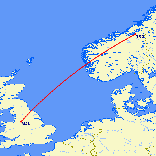 перелет Манчестер — Тронхейм на карте