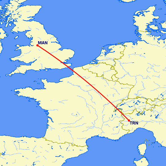 перелет Манчестер — Турин на карте