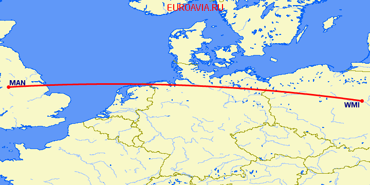 перелет Манчестер — Варшава на карте