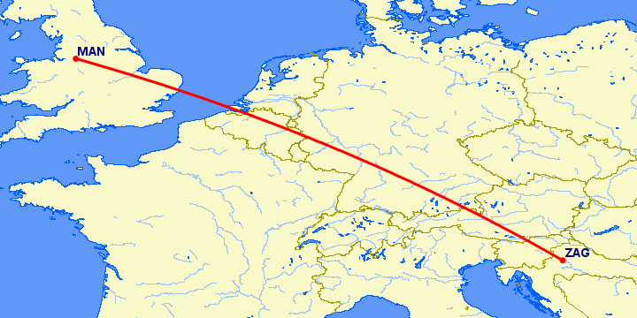 перелет Манчестер — Загреб на карте