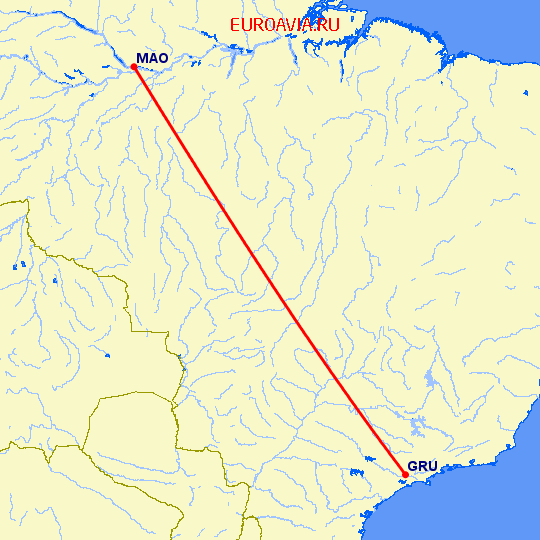 перелет Манаус — Сан Паулу на карте