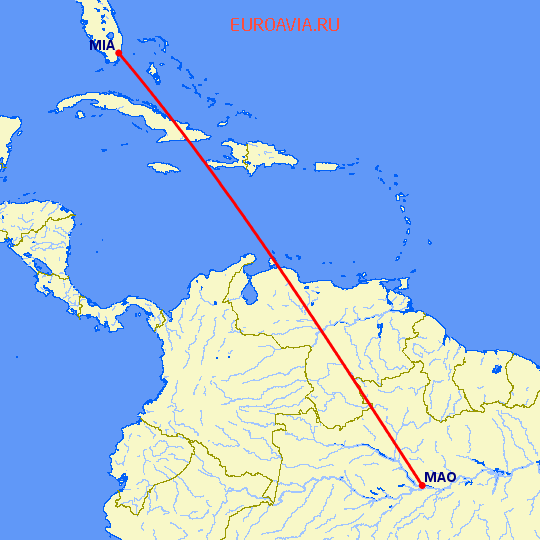 перелет Манаус — Майами на карте
