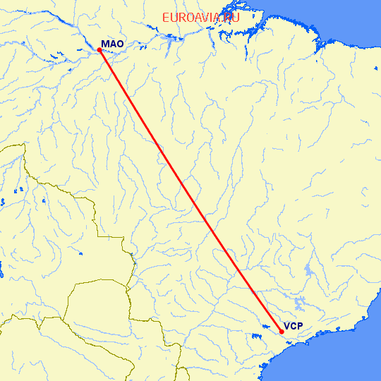 перелет Манаус — Сан Паулу на карте