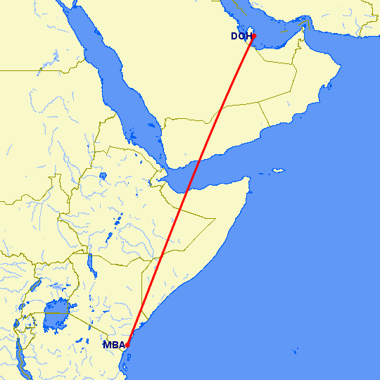 перелет Момбаса — Доха на карте