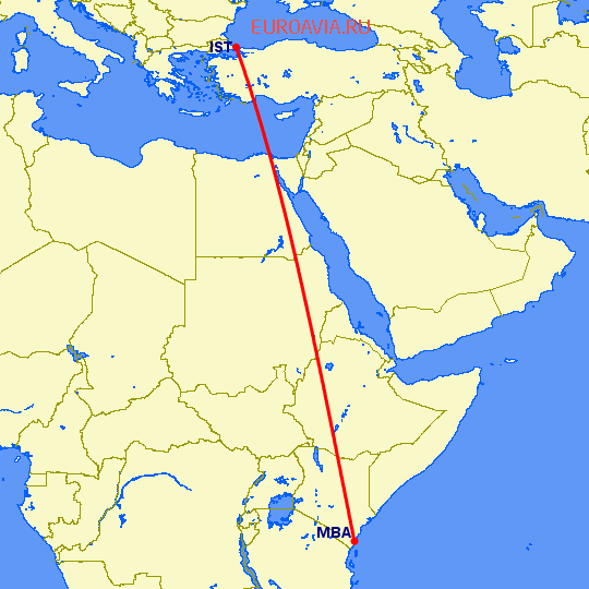 перелет Момбаса — Стамбул на карте