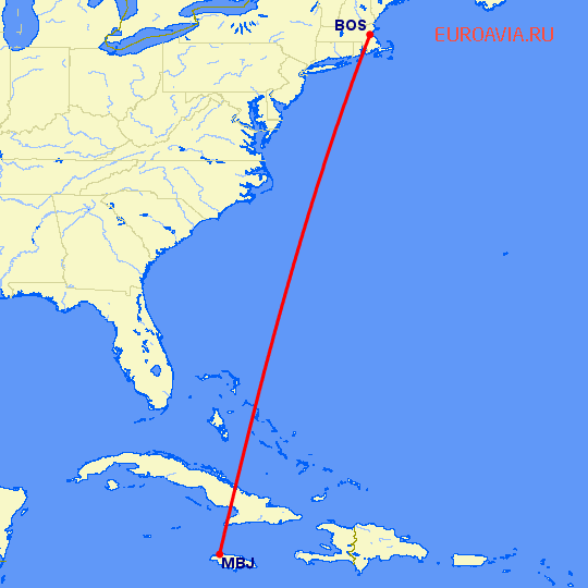перелет Монтего Бей — Бостон на карте