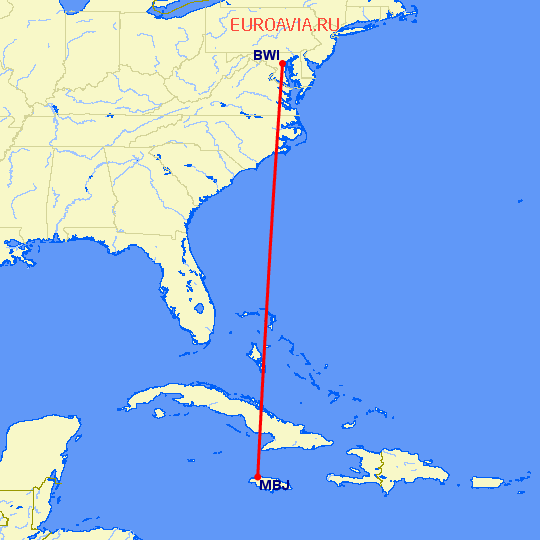 перелет Монтего Бей — Балтимор на карте