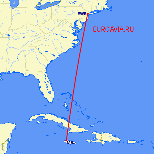 перелет Монтего Бей — Ньюарк на карте