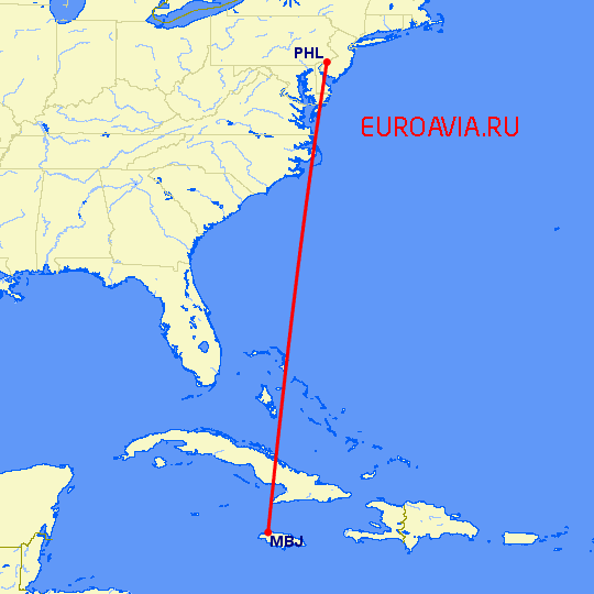 перелет Монтего Бей — Филадельфия на карте