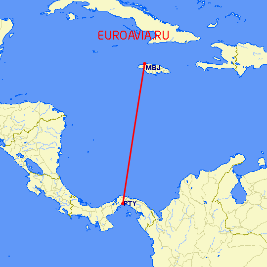 перелет Монтего Бей — Панама Сити на карте