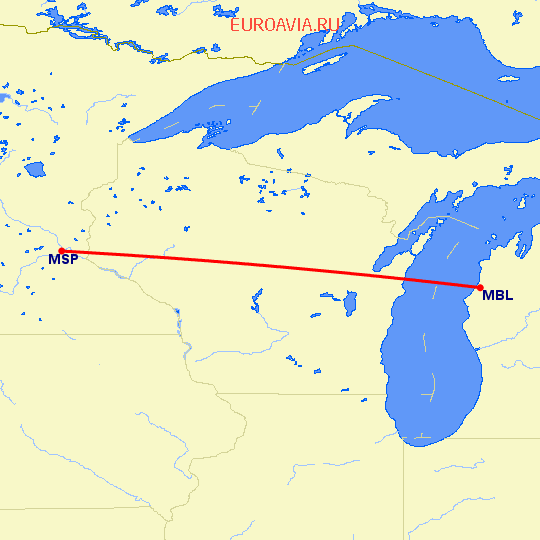перелет Манисти — Миннеаполис на карте