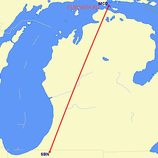 перелет Mackinac Island — South Bend на карте