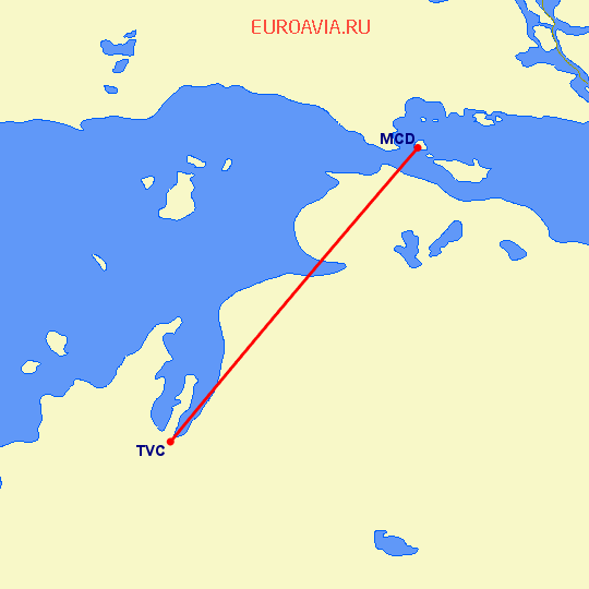 перелет Mackinac Island — Траверс на карте