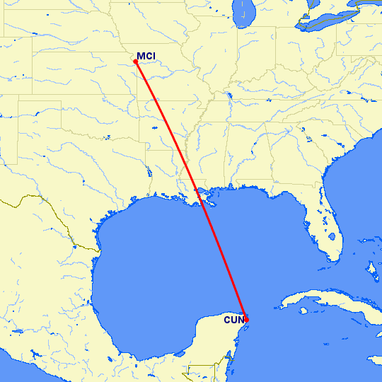 перелет Канзас Сити — Канкун на карте