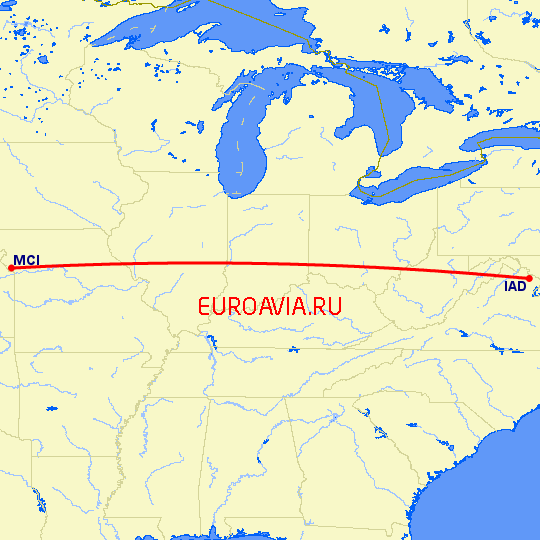 перелет Канзас Сити — Вашингтон на карте