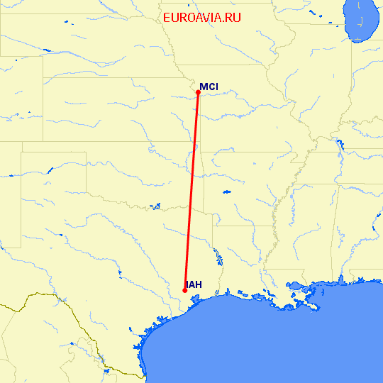 перелет Канзас Сити — Хьюстон на карте