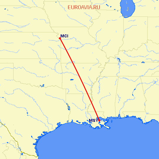 перелет Канзас Сити — Новый Орлеан на карте