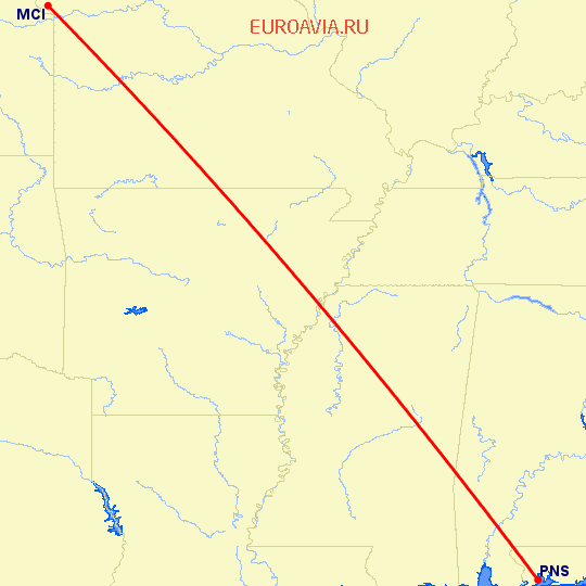 перелет Канзас Сити — Pensacola на карте