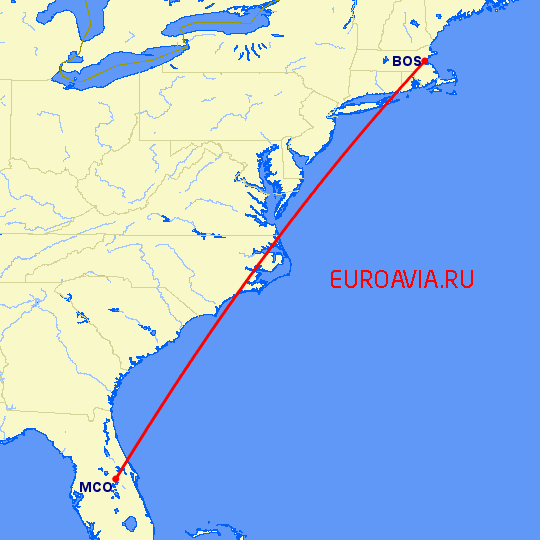 перелет Орландо — Бостон на карте