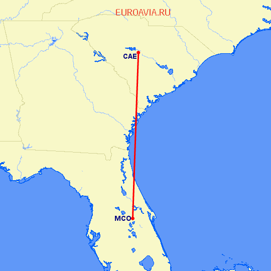 перелет Орландо — Columbia на карте