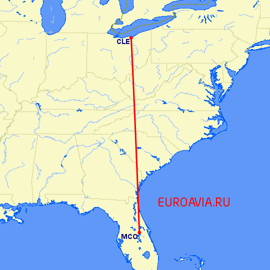 перелет Орландо — Кливленд на карте