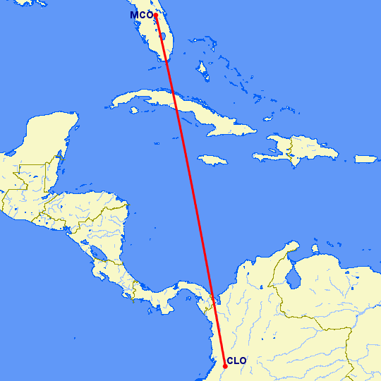перелет Орландо — Кали на карте