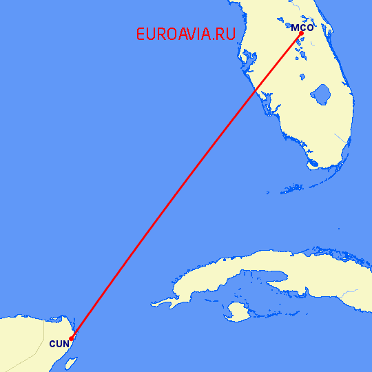 перелет Орландо — Канкун на карте