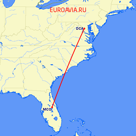 перелет Орландо — Вашингтон на карте