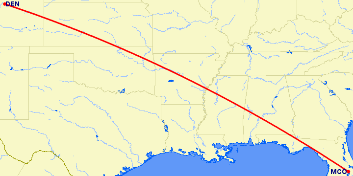 перелет Орландо — Денвер на карте