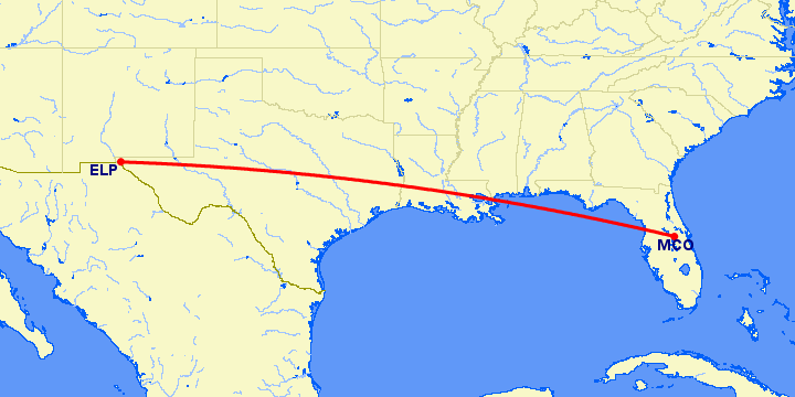 перелет Орландо — Эль Пасо на карте