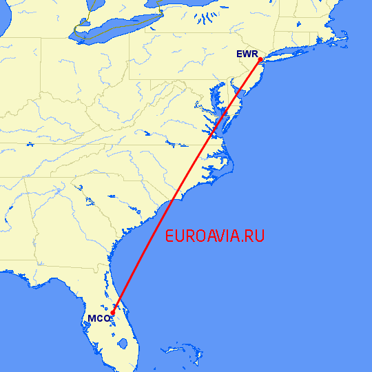 перелет Орландо — Ньюарк на карте