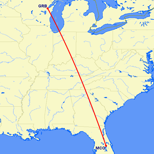 перелет Орландо — Грин Бэй на карте