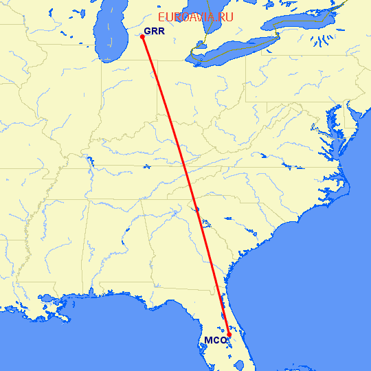 перелет Орландо — Гранд Рапидс на карте