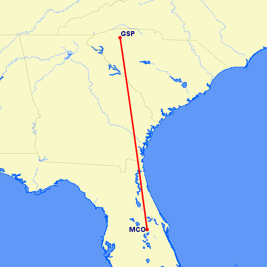 перелет Орландо — Greenville на карте