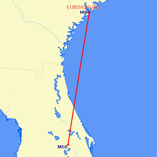 перелет Орландо — Hilton Head на карте