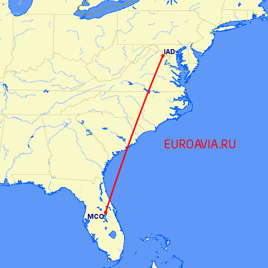 перелет Орландо — Вашингтон на карте