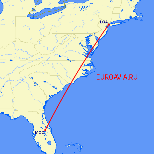 перелет Орландо — Нью Йорк на карте
