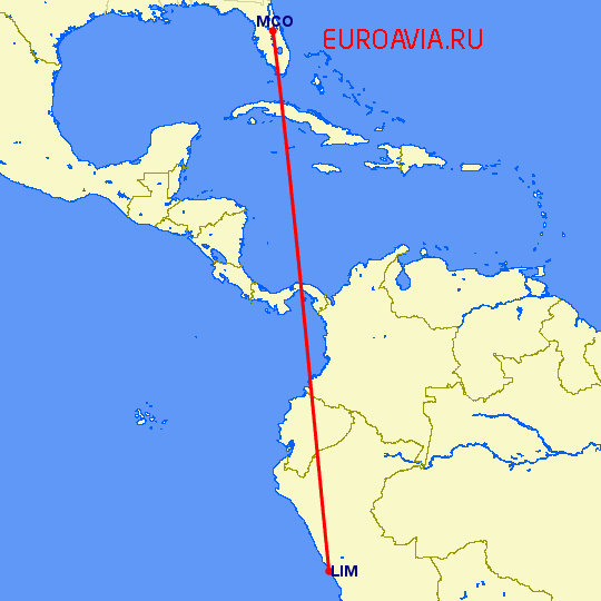 перелет Орландо — Лима на карте